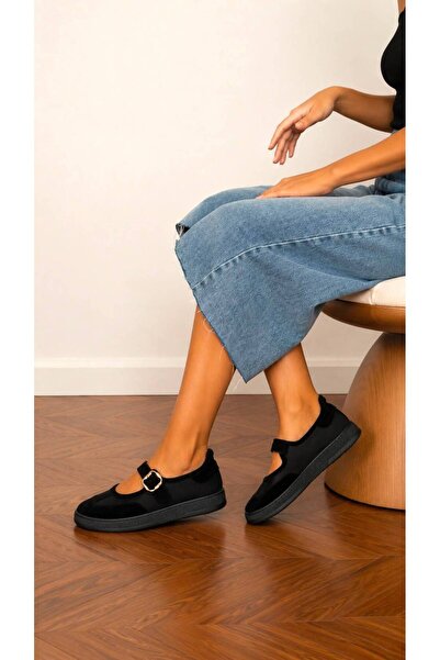 ESSO LA MİA Polin Genuine Leather Daily Babet Shoes Black