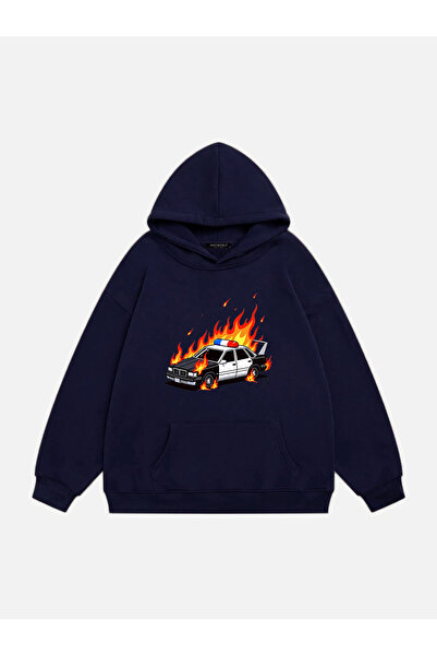 Mad&Calf Hanorac oversize unisex cu glugă, imprimat cu mașină de poliție, din...