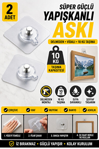 Hane Dostu 2 Adet Şeffaf Kendinden Yapışkanlı Vidalı Raf Askısı Deliksiz Güçl...