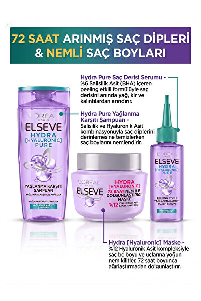 L'Oreal Paris Elseve Hydra Pure Yağlanma Karşıtı Şampuan (360 ml) + Hydra Hya...