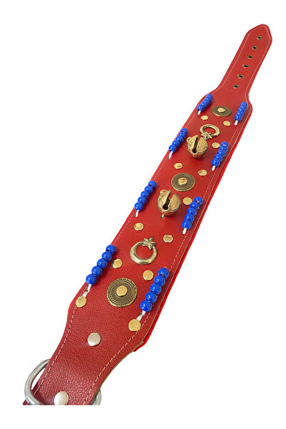 Sürmeli Tasma Genuine Leather 2-Bell Red Kangal Dog Collar with Blue Beads an...