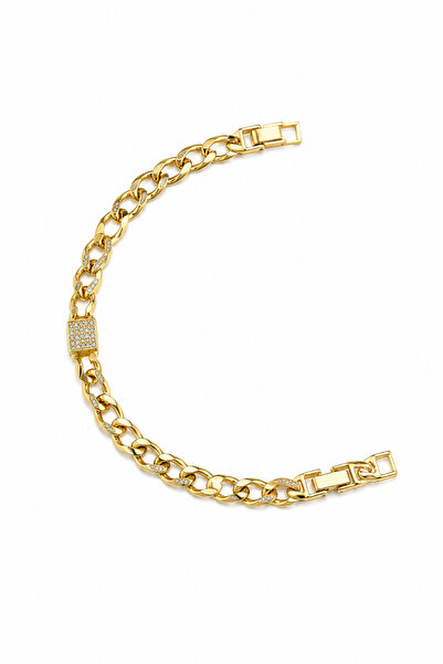 Balenbi Jewelry Gurmet Zincir Kare Zirkon Taş Detaylı Kadın Bileklik 14K Gold...