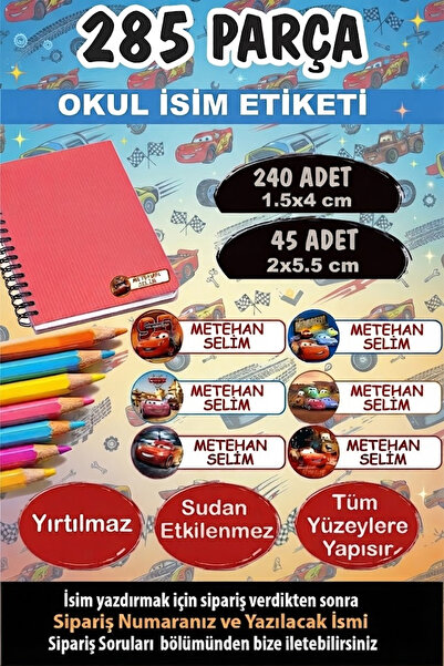 Kt Grup Okul Kalem Defter Etiketi Arabalar Temalı İsimli Etiket 6 Figür 285 Adet