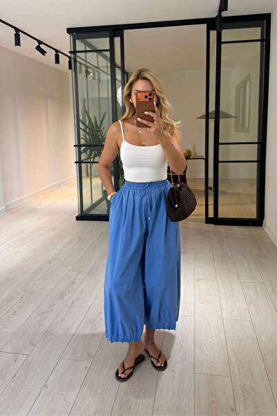 Sezgi Tekin Blue Poplin Balloon Pants with Pleated Detail at the Hem