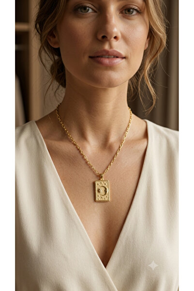 Bymiel Women's Gold Color Sun and Moon Motif Tarot Card Figured Plate Necklace