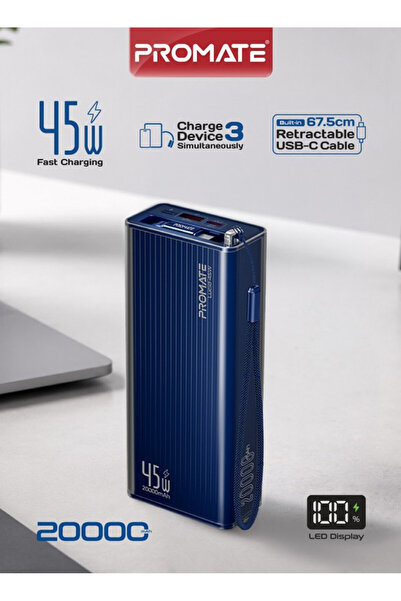 Promate 20000mAh Power Bank with 45W USB-C PD Fast Charging, Retractable USB-...
