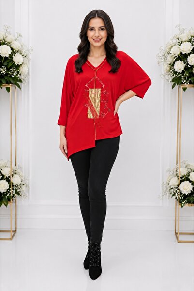 OEM Bluza eleganta Uma cu insertii de strasuri ,nuanta de rosu
