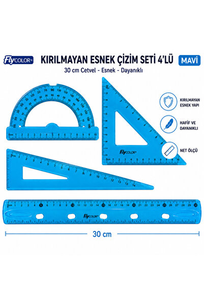FLY COLOR Kırılmayan Esnek Çizim Seti 4'lü (Cetvel, Gönye, İletki)