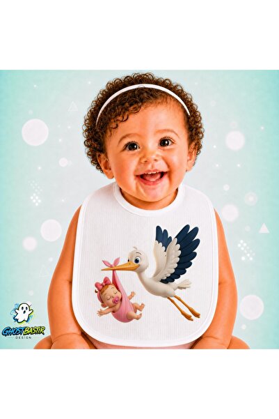 Ghostbastır Design Flying Stork Linen Baby Bib – Soft, Absorbent, Washable, S...