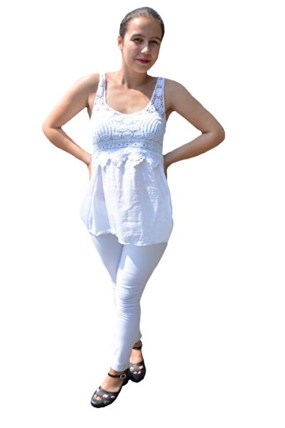 OEM Bluza Jane, tip maiou casual, cu broderie dantelata, nuanta de alb