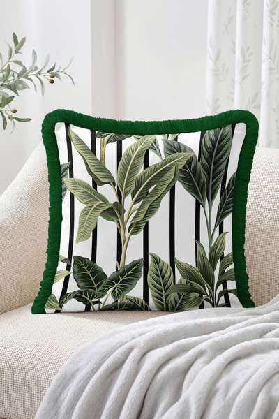 Realhomes Fringed Throw Pillow Cover with Tropical Leaf and Black Vertical Li...