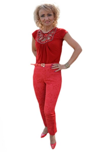 OEM Pantalon lung in nuanta vie de vara, rosu cu imprimeu floral