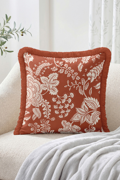 Realhomes White Floral and Leaf Motif Fringed Throw Pillow Cover - Retro Vint...