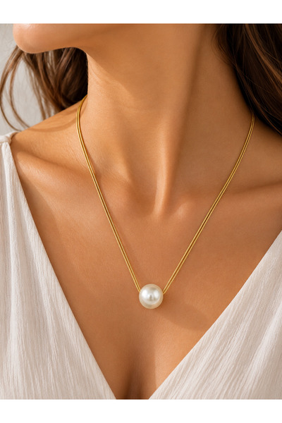 Bymiel Women's Gold Color Pearl Detailed Steel Necklace – Minimal Elegant Design