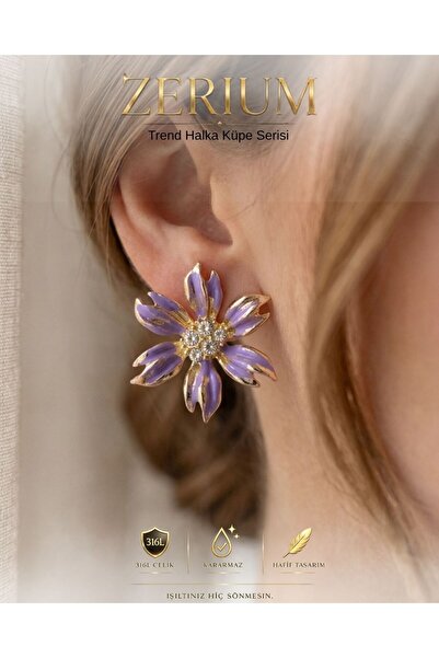 ZERİUM Trendy Women's Steel Big Earrings with Purple Enamel Flower Figure