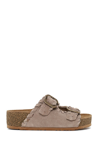 Derimod Women's Beige Double Buckle Thick Soled Suede Leather Slippers 26Sfd1...