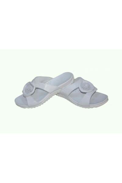 OEM Papuc alb, tineresc, cu floare aplicata pe mijloc, talpa comoda