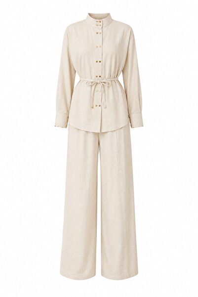 Laluvia Stone Color Square Gold Buttoned Shirt and Trousers Set - 51348