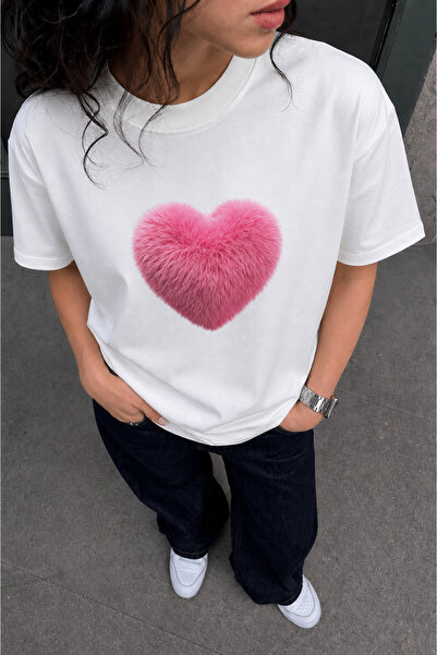 Generic Brand Women's White Regular Fit Plush Heart Printed Short Sleeve T-Shirt