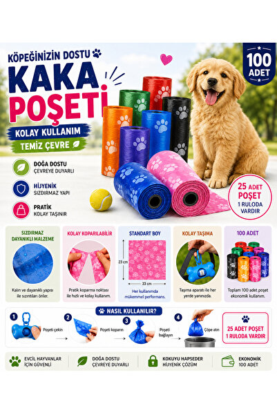 BLUE SİDE 4 Rulo Köpek Kaka Poşeti 100 Adet Sızdırmaz Dayanıklı Rulo Atık Toplama Poşeti cm Pati Desenli