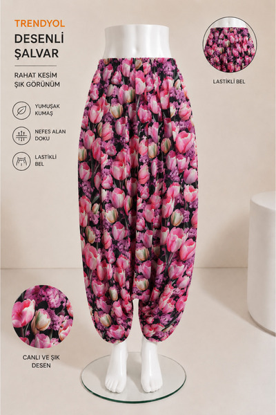 EM&MA DESİNG Pembe Güllü Desenli Şalvar