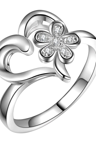 VeeShop Επαργυρωμένο δαχτυλίδι, καρδιά με λουλούδι και λευκά κυβικά ζιρκόνια