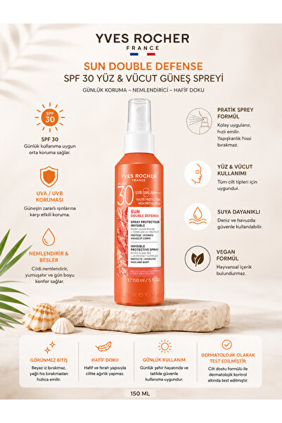 Yves Rocher Sun Double Defense SPF30+ Güneş Spreyi 150 ml - Yüz ve Vücut İçin...