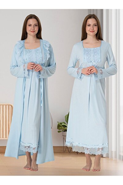 Effortt Dvina Maternity Lace Detailed Dressing Gown and Long Sleeve Nightgown...