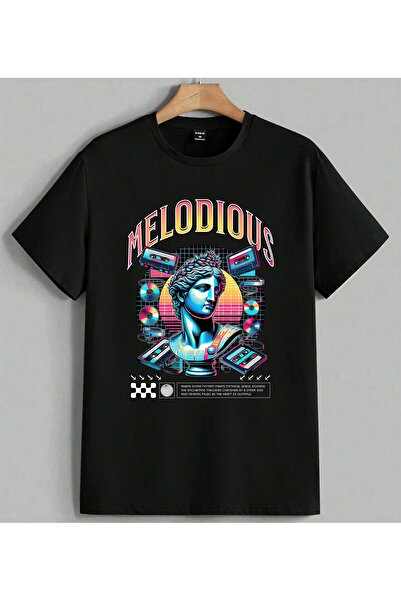 ELFERA Melodic Retro Synthwave Art Printed Unisex Oversize T-Shirt Black