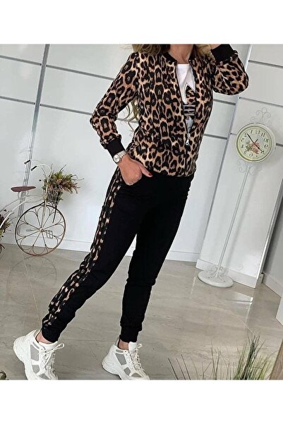 DRESSIFY WOMEN’S FASHION Дамски комплект с дълъг ръкав, цип отпред, леопардов...