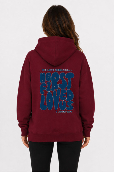 herkesemoda First Love Back Printed Hooded 2 Thread Raster Printed Sweatshirt