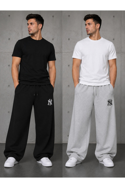CANDERO 2'li Erkek NY Baskı Eşofman Altı (Siyah-Gri) Baggy Model Oversize Cepli