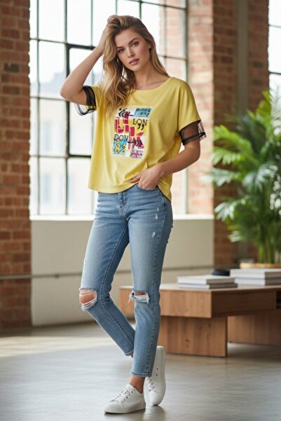 OEM Tricou casual oversize de damă cu imprimeu urban și mâneci din tul, TG-21