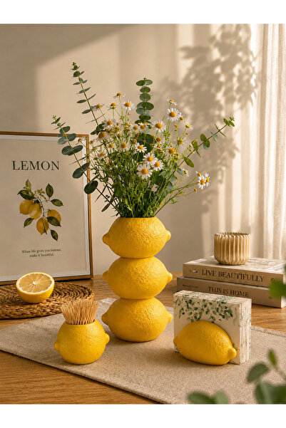 Regislunart 3’lü Set Limon Tasarımlı Vazo, Peçetelik,Kürdanlık Seti Ev Masa D...