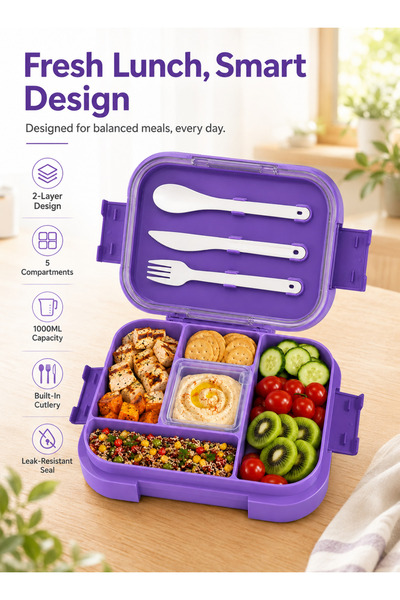 Yoawllty Anti-Scratch Purple Dual Layer Airtight Stainless Steel Lunch Box De...