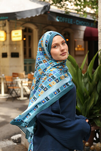 ENRİCO FERRİ Petra Folk Pattern Shawl - Indigo Baby Blue
