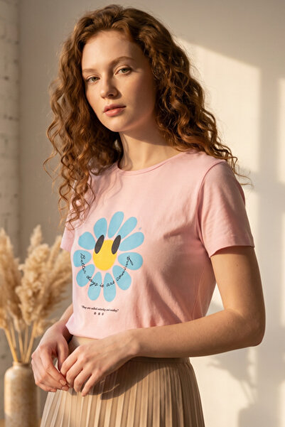 OEM Tricou casual de damă din bumbac cu imprimeu floral cu smiley, TG-26