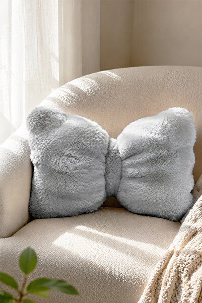 DEKOMOD Plush Puffy Decorative Bow Pillow Cushion Fluffy Filled Gray 1 Piece ...
