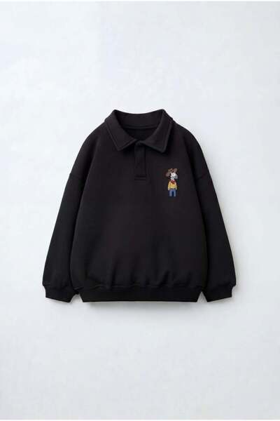 Magu Children's Polo Collar Black Sweatshirt with Embroidery Detail
