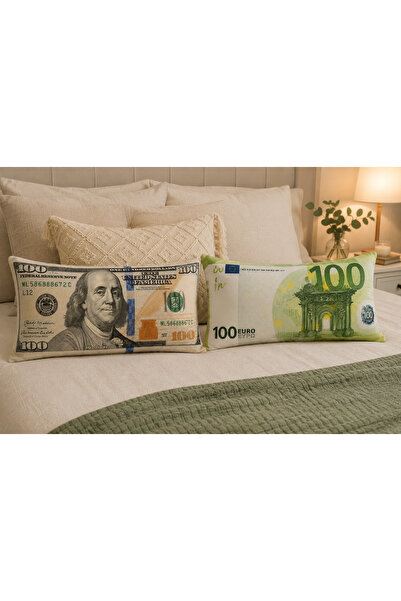 Piloji Dolar - Euro Desenli Dekoratif Kırlent 2 li Set İçi Dolgulu Para Şekil...