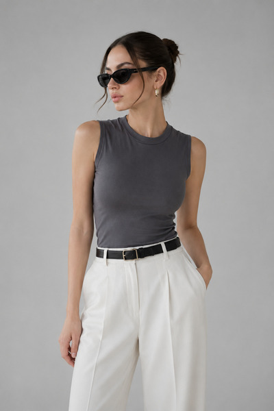 WILD BEE Women's Smoked Cotton Crew Neck Body-Hugging Zero Sleeve Basic Blouse