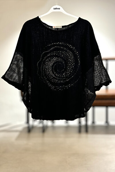 sahnemoda Yanları Oval Taşlı Oversize Keten Bluz