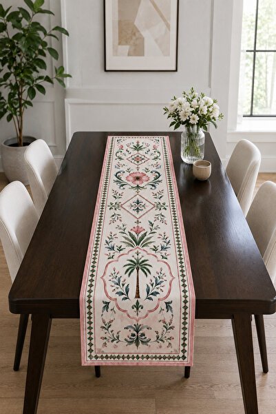 Bebişim Halı Authentic Mediterranean Runner Tablecloth with Palm and Flower M...