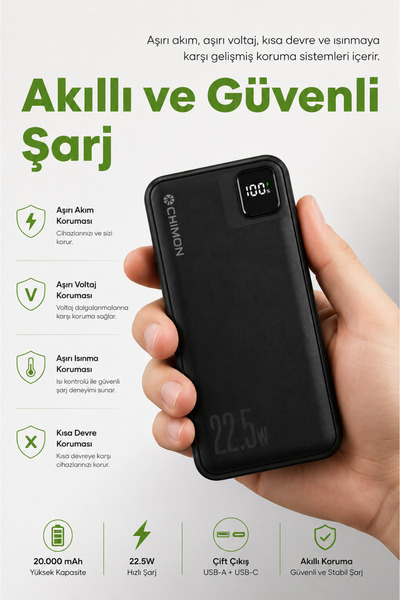 chimon 20.000 mAh Dijital Göstergeli Dahili Çoklu Kablolu Powerbank – Süper H...