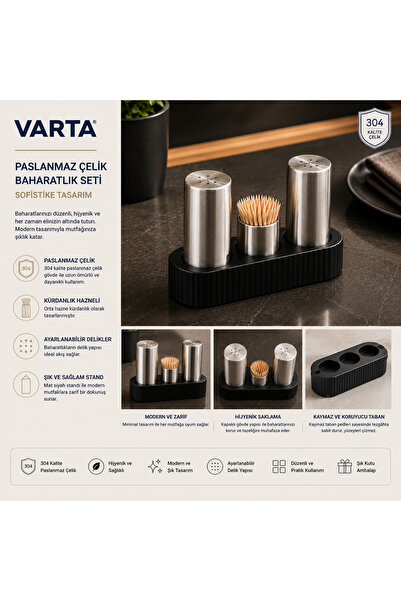 Varta مجموعة موزعات الملح والفلفل والمسحوق من الفولاذ المقاوم للصدأ مع حامل أ...
