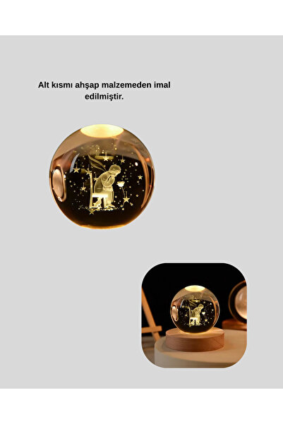 UCUZTEKNO USB’li Küçük Prens Işıklı Cam Küre Ahşap Altlıklı Dekoratif Lamba