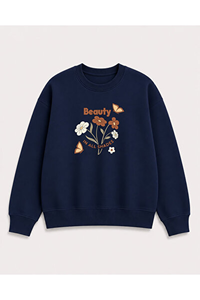 herkesemoda Beauty Print Detailed Crew Neck 2 Thread Sweatshirt