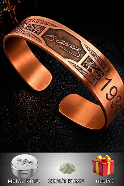 OSMANLI GÜMÜŞ Men's Copper Bracelet Handmade with Atatürk Signature Motif Adj...