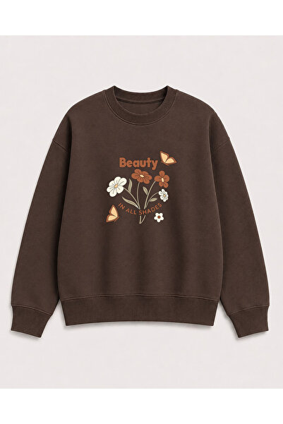 herkesemoda Beauty Print Detailed Crew Neck 2 Thread Sweatshirt