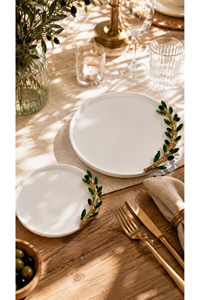 ONON Stylish Porcelain Serving Bowl with Olive Detail, Serving Plate, Set of 2